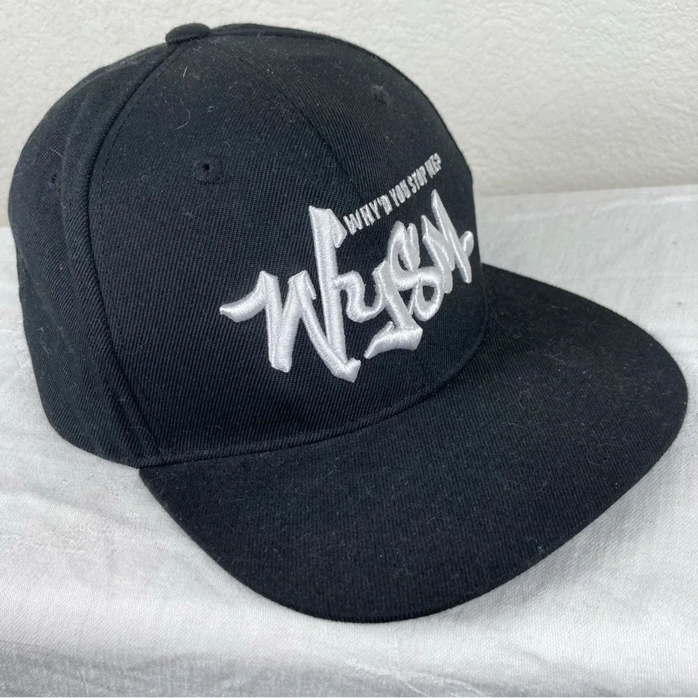 WYSM or Why’d you Stop Me adult size snap back cap black w/ white stitching